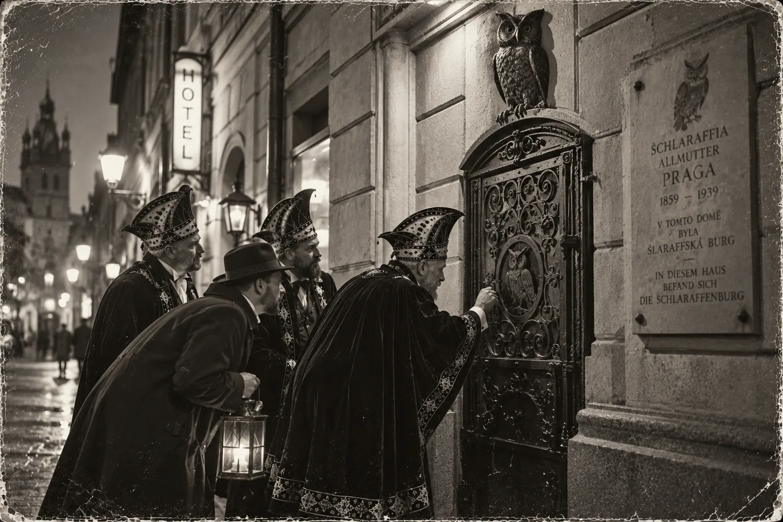 KI-generierte Satire-Illustration: Nachtszene in einer Prager Straße: Männer in Rittermänteln mit schlaraffischen Helmen und ein Mann mit Hut und Laterne stehen vor einer schmiedeeisernen Pforte mit Uhu in einer Hotelfassade, einer klopft an; daneben eine Gedenktafel