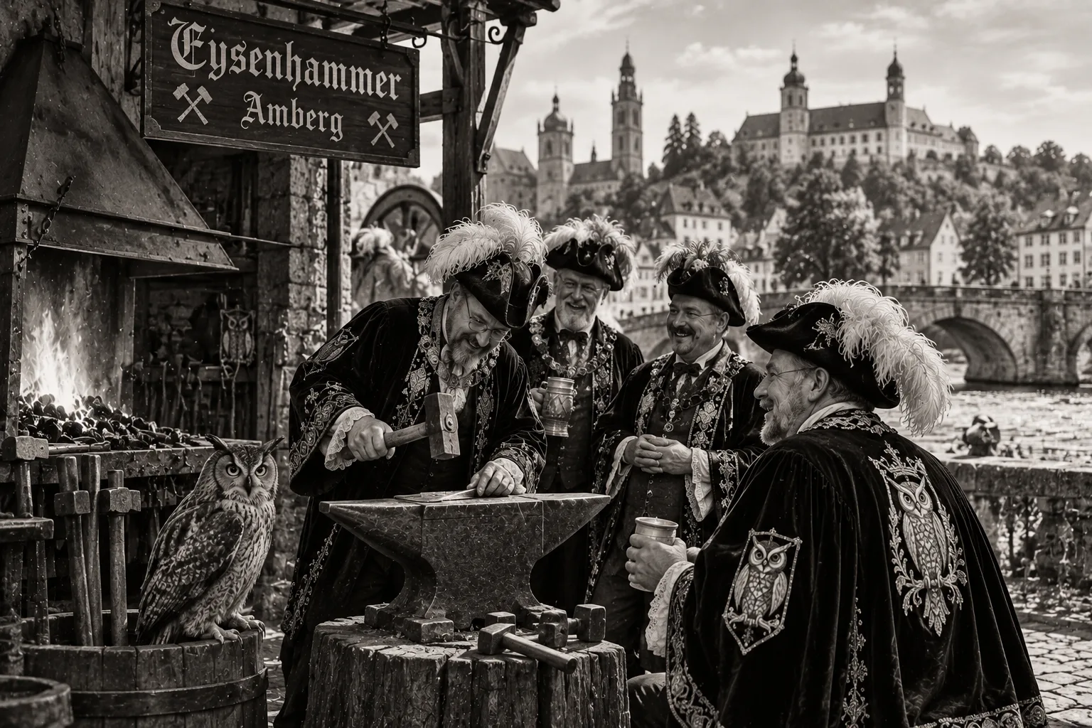 KI-Bild im Stil eines alten Fotos: Schlaraffen mit Federhelmen schmieden lachend an einem Amboss unter dem Schild Eysenhammer Amberg, daneben ein Uhu, im Hintergrund Altstadt, Brücke und Schloss