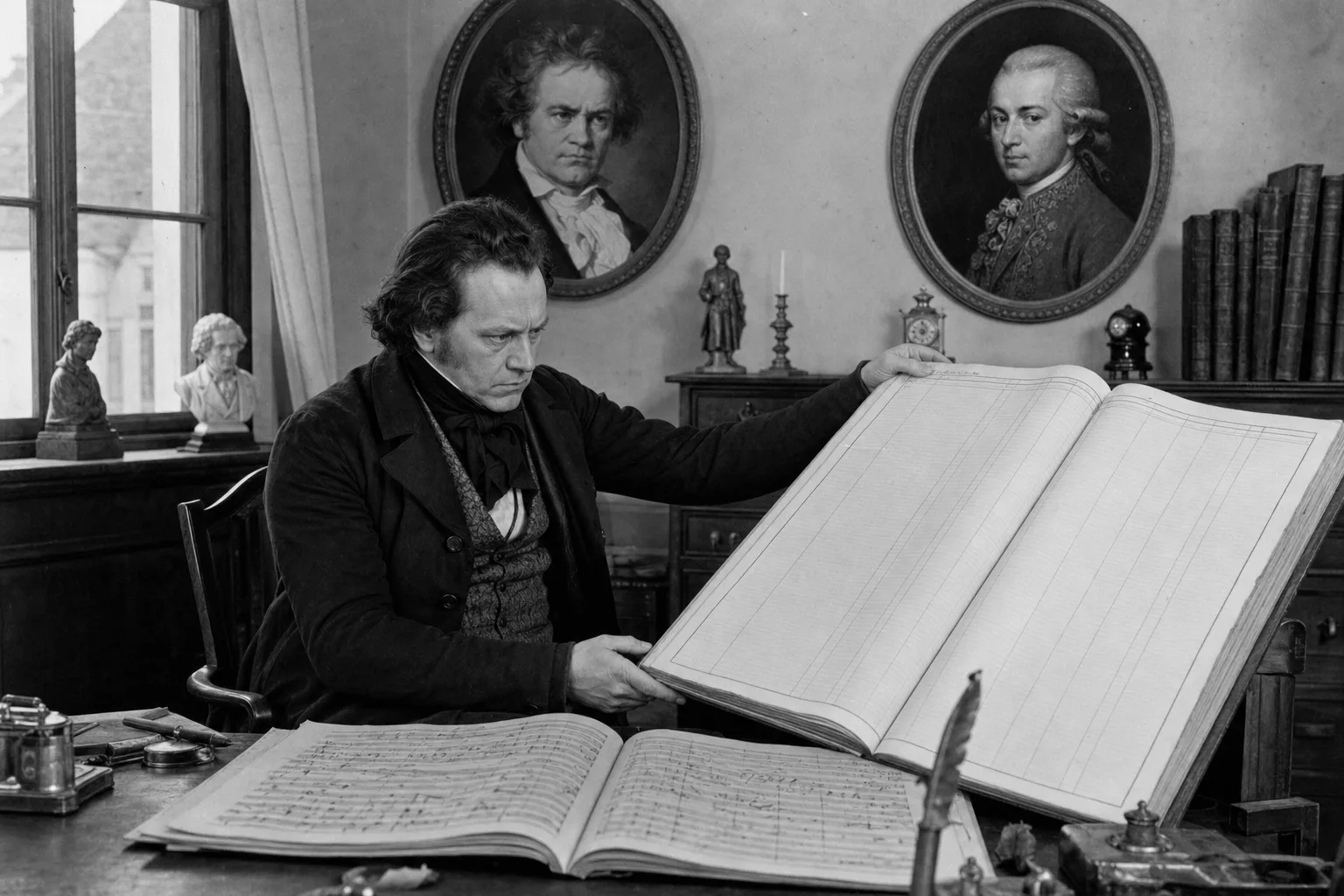 KI-generierte Satire-Illustration: Ein Schreiber prüft ein großes leeres Anwesenheitsbuch unter Porträts von Beethoven und Mozart; auf dem Schreibtisch liegt die Partitur der Neunten.