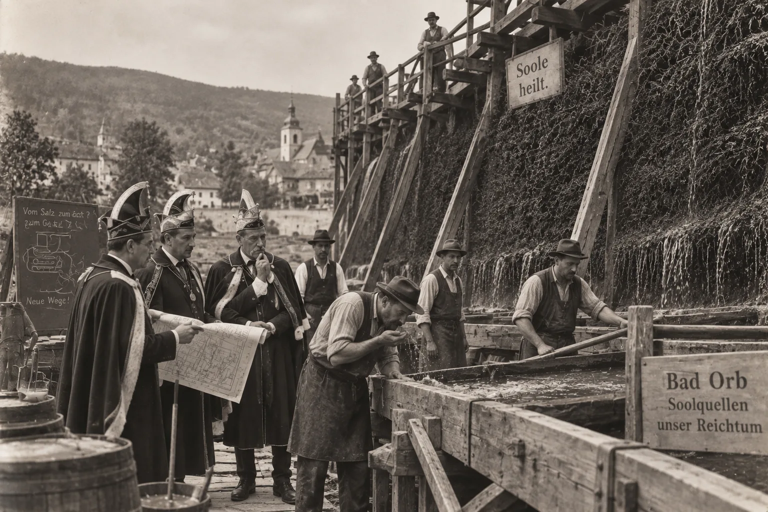 KI-generierte Satire-Illustration: Männer in Umhängen und Narrenkappen mit Bauplan beobachten Salinenarbeiter an einem Gradierwerk mit Schwarzdornwand und Soletrog; Schilder „Soole heilt.“ und „Bad Orb – Soolquellen unser Reichtum“, im Hintergrund Kirchturm und bewaldete Hügel