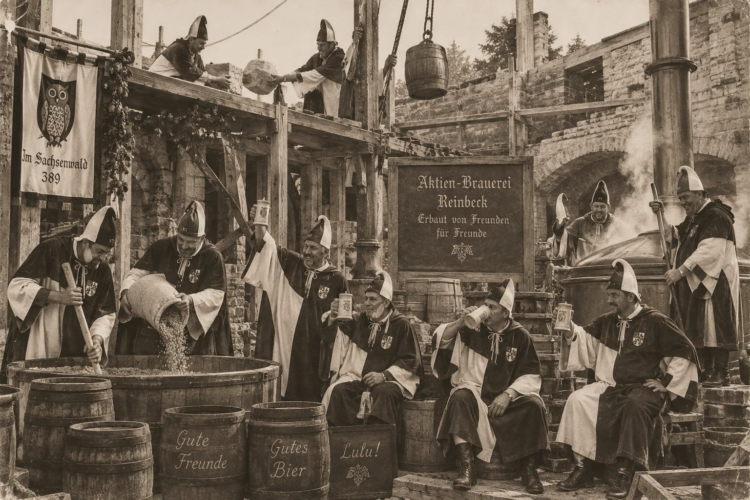 KI-generierte Satire-Illustration: Männer in Umhängen und Zipfelkappen brauen auf einer Baustelle Bier: Malz wird in einen Bottich geschüttet, andere heben Humpen; Banner „Im Sachsenwald 389“ mit Uhu, Schild „Aktien-Brauerei Reinbeck – Erbaut von Freunden für Freunde“, Fässer mit „Gute Freunde“, „Gutes Bier“, „Lulu!“
