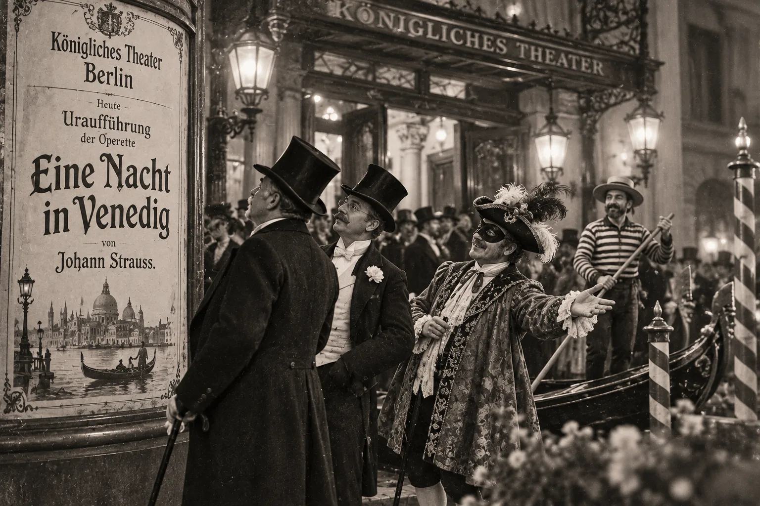 KI-Bild im Stil eines alten Fotos: Herren mit Zylinder vor einem Plakat „Eine Nacht in Venedig von Johann Strauss“, daneben ein Maskierter im Brokatmantel und ein Gondoliere mit Gondel vor dem Theater
