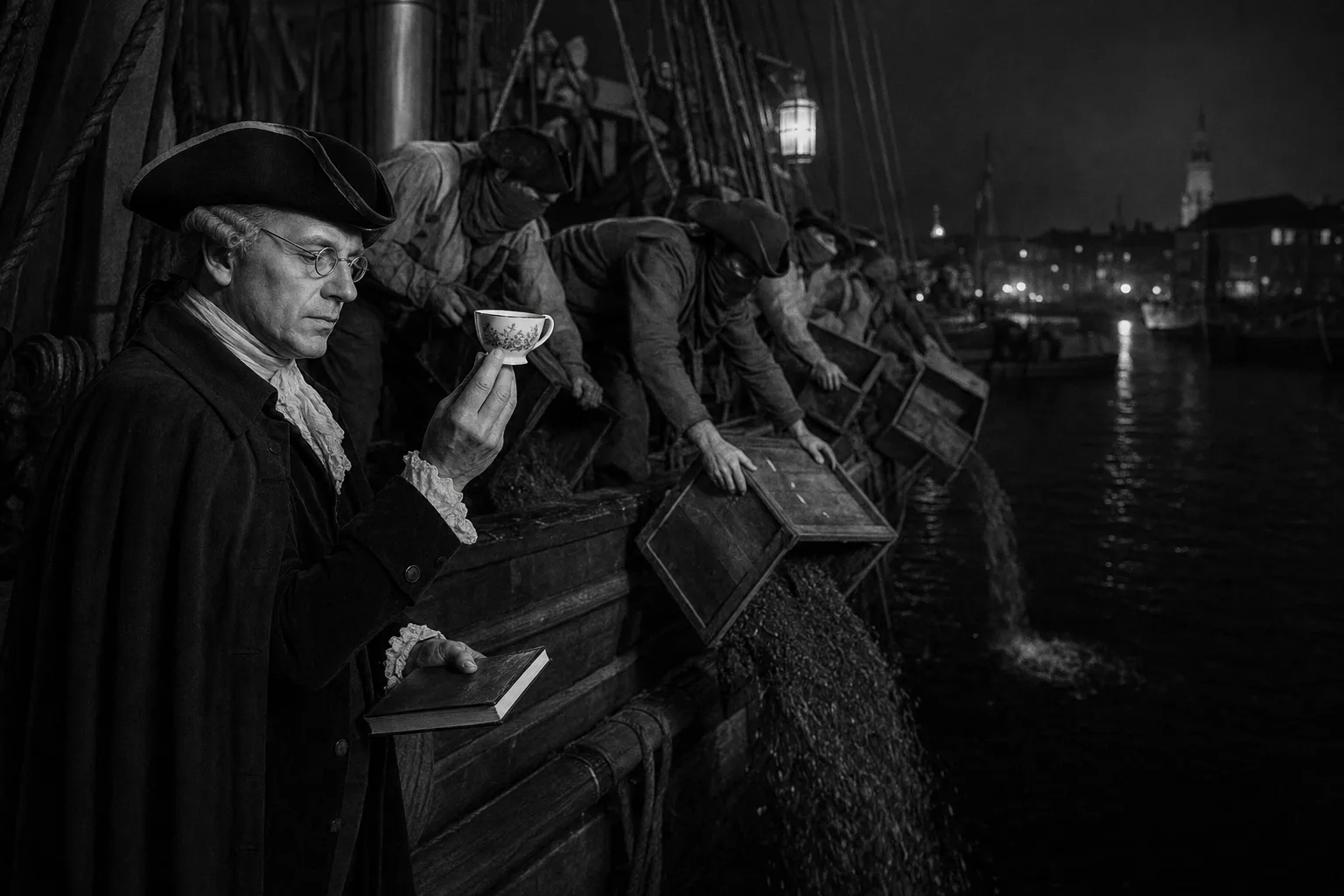 KI-generierte Satire-Illustration: Kolonisten schütten nachts auf einem Schiff im Hafen von Boston Tee aus Holzkisten ins Wasser; ein Forscher hält eine kleine Teetasse.