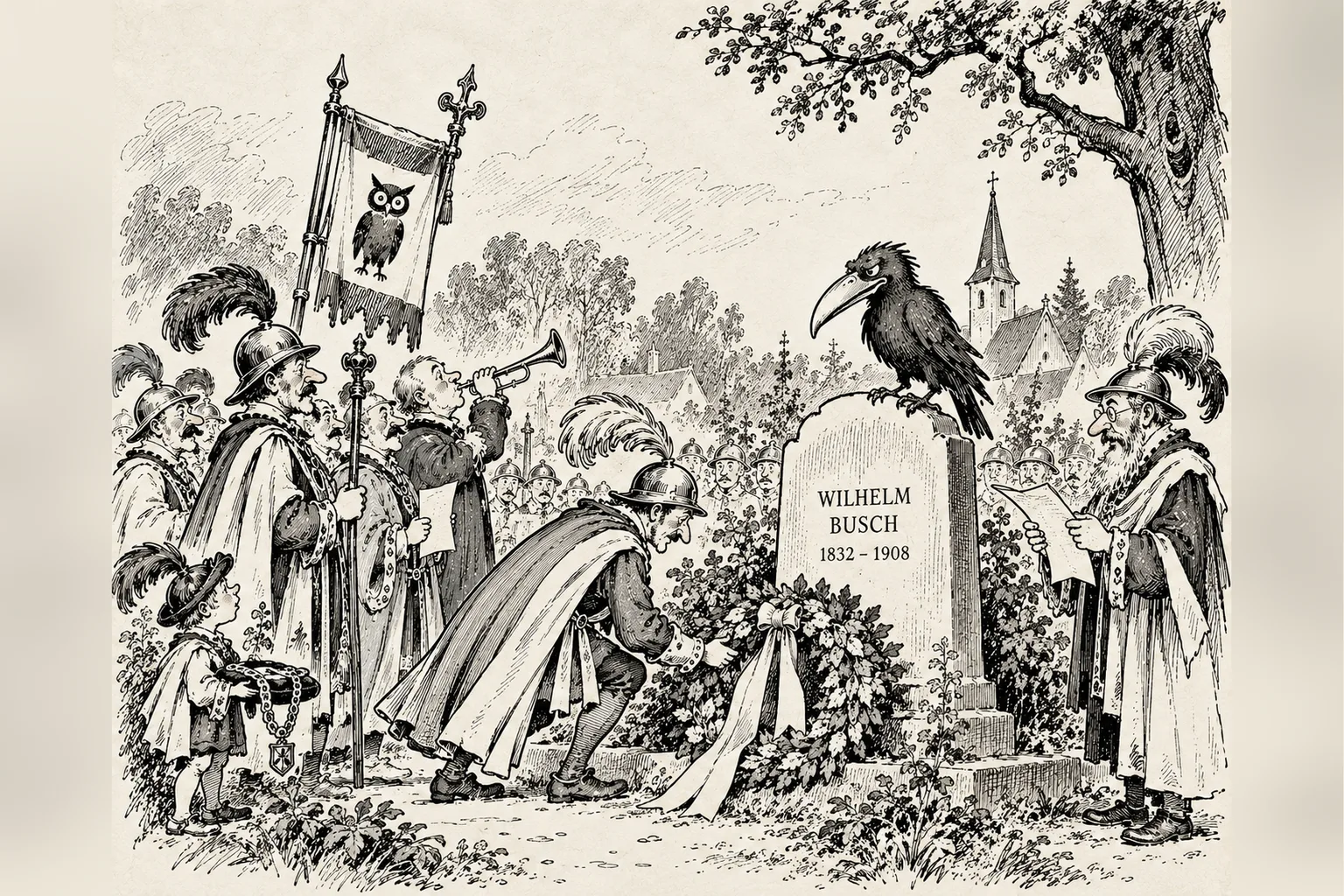 KI-generierte Satire-Illustration: Zeichnung: Schlaraffen mit Federhelmen, Uhu-Banner und Fanfare legen einen Kranz am Grabstein von Wilhelm Busch nieder, auf dem ein Rabe sitzt; ein Ritter liest von einem Blatt vor