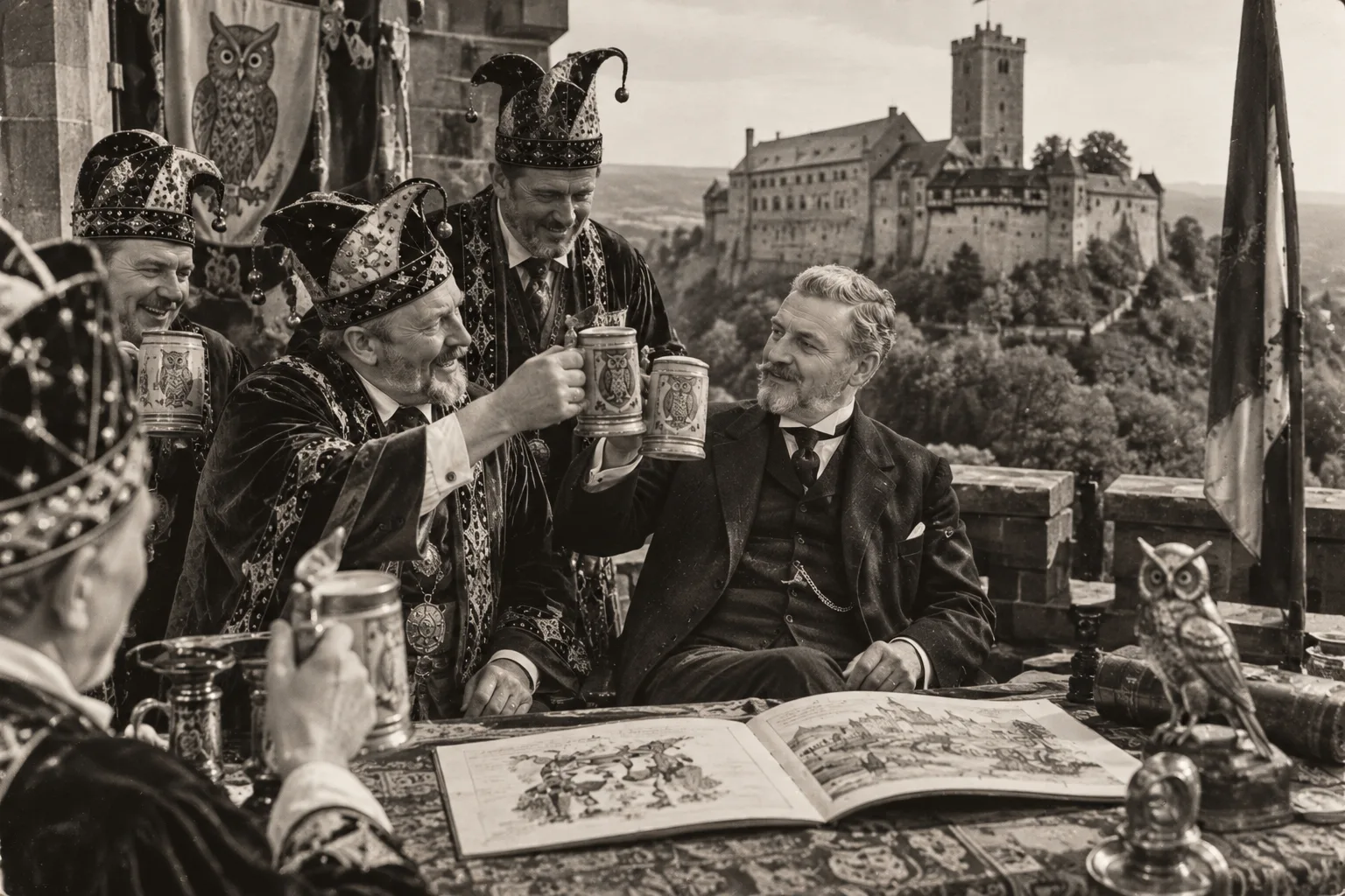 KI-generierte Satire-Illustration: Männer in Umhängen und schlaraffischen Helmen stoßen mit einem Herrn im Anzug mit Bierkrügen an; im Hintergrund die Wartburg, auf dem Tisch ein aufgeschlagenes Buch und eine Uhu-Figur
