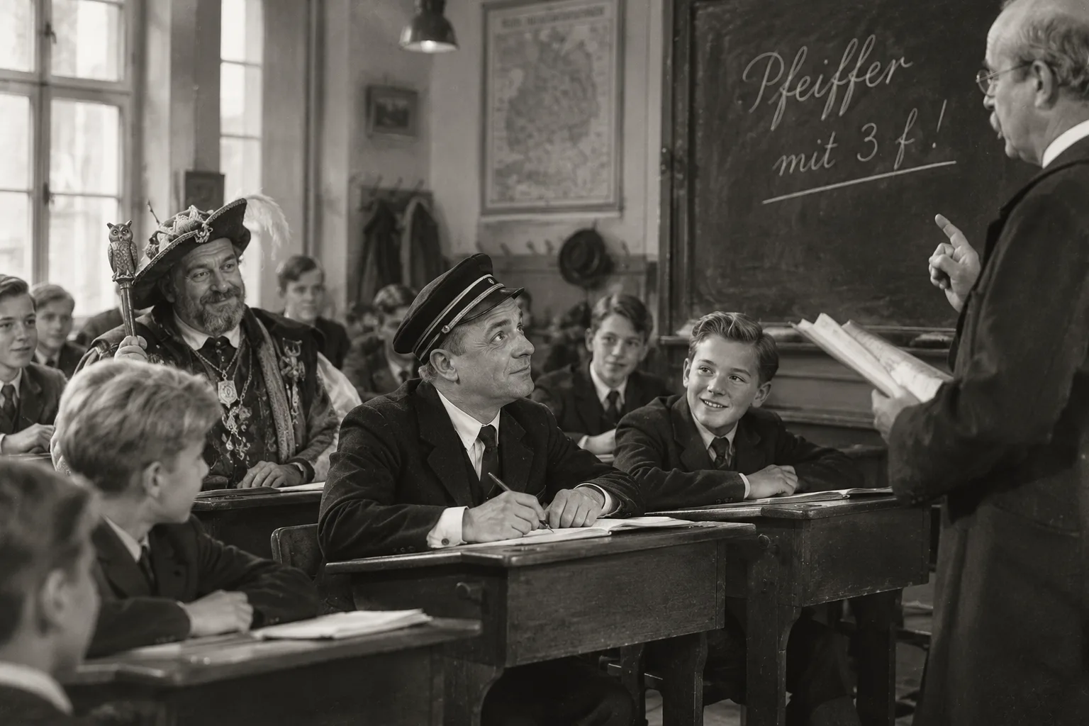 KI-Bild im Stil eines alten Fotos: Klassenzimmer, ein erwachsener Mann mit Schülermütze in der Bank, daneben ein Schlaraffe mit Federhelm und Uhu-Zepter, an der Tafel „Pfeiffer mit 3 f!“