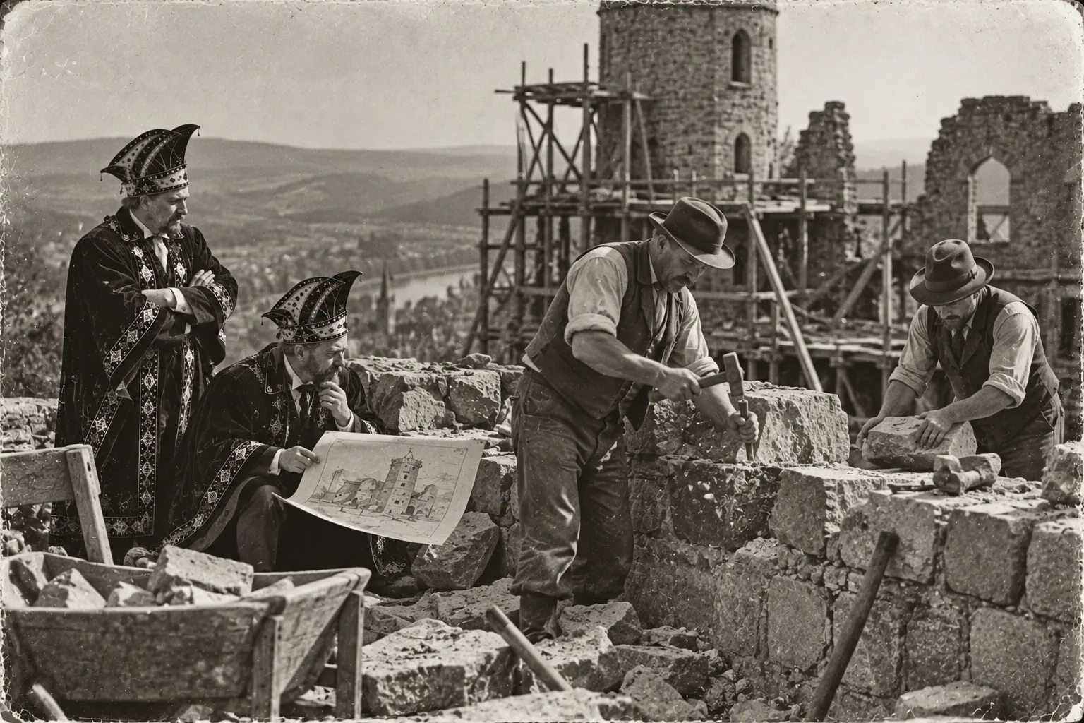 KI-generierte Satire-Illustration: Zwei Herren in Umhängen und schlaraffischen Helmen begutachten einen Bauplan, während Maurer mit Hammer und Meißel eine Mauer absichtlich altern lassen; dahinter ein eingerüsteter Burgturm über einer Stadt am Fluss