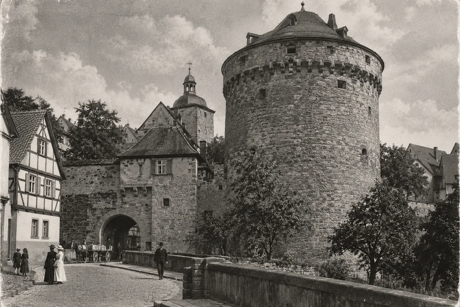 KI-Bild im Stil einer alten Fotografie: runder Dicker Turm mit Kegeldach neben einem Torbau, Fachwerkhaus, Pferdefuhrwerk und Spaziergänger auf einer gepflasterten Brücke