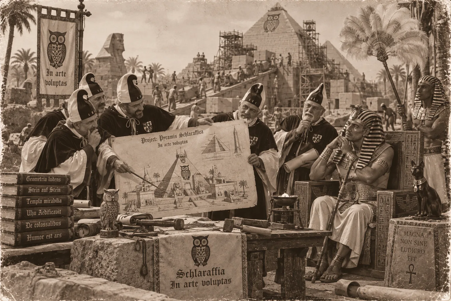 KI-generierte Satire-Illustration: Männer in Umhängen und Zipfelkappen zeigen einem sitzenden Pharao einen Bauplan, dahinter eine Pyramide im Bau mit Gerüsten und die Sphinx