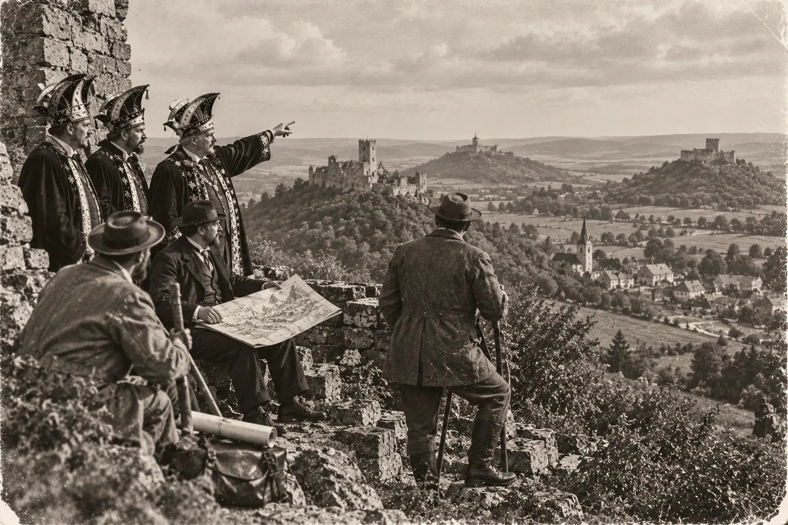 KI-generierte Satire-Illustration: Drei Herren in Umhängen und schlaraffischen Helmen stehen an einer Burgmauer und zeigen über das Land, davor Männer mit Hüten, einer mit einer Landkarte; in der Ferne drei Burgen auf Hügeln über einem Dorf mit Kirchturm