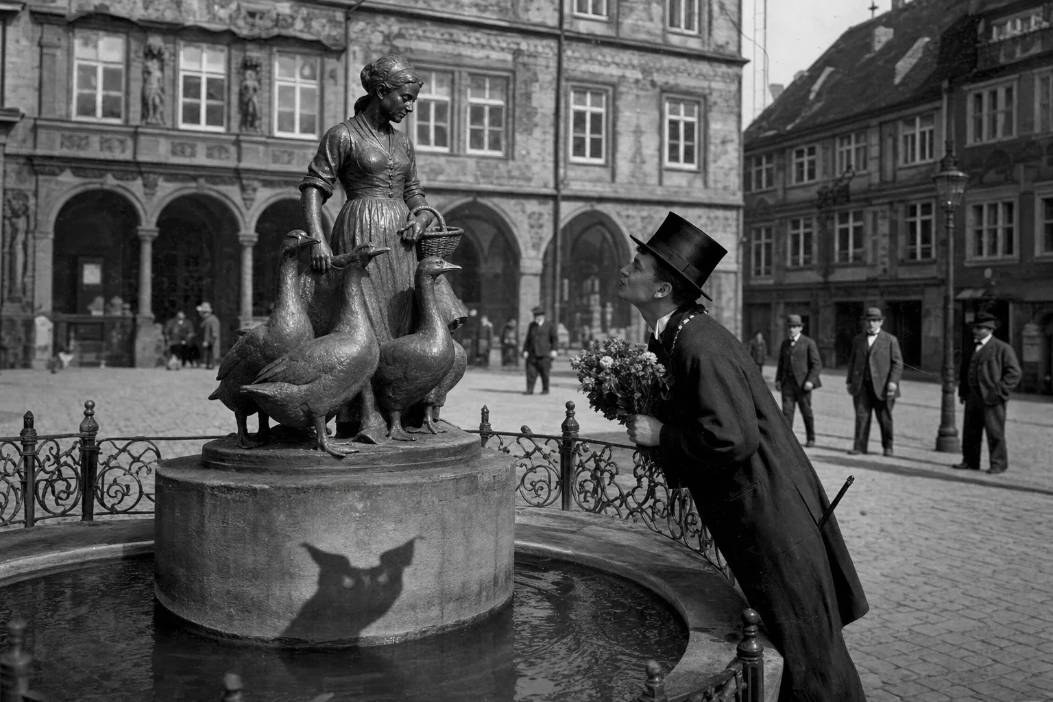 KI-generierte Satire-Illustration: Illustration eines frisch Promovierten mit Blumen an der Göttinger Gänseliesel; unter den drei Gänsen erscheint ein uhuähnlicher Schatten.