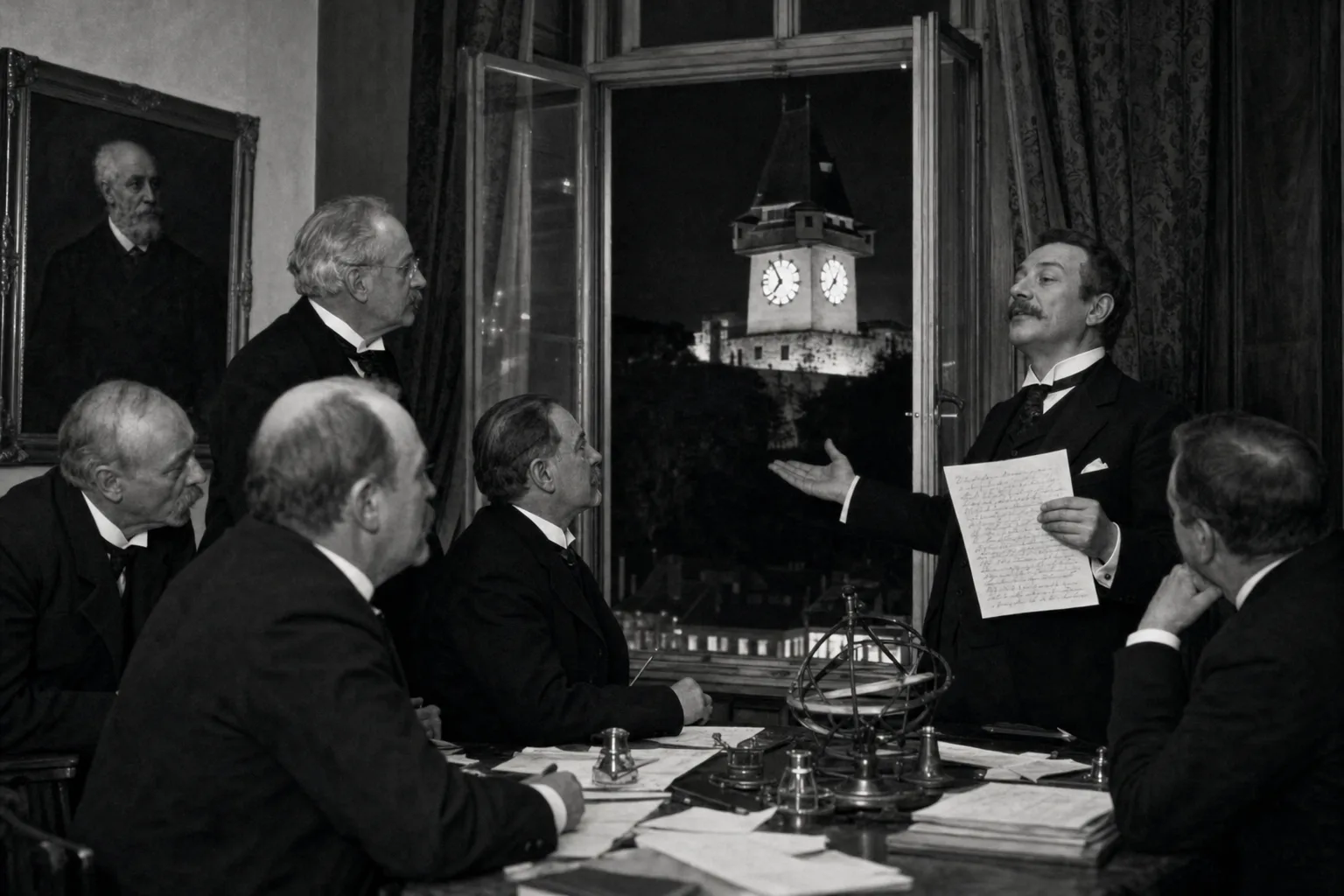 KI-generierte Satire-Illustration: Männer in Kleidung des späten 19. Jahrhunderts betrachten durch ein offenes Fenster den beleuchteten Grazer Uhrturm; einer hält ein handschriftliches Gedicht.
