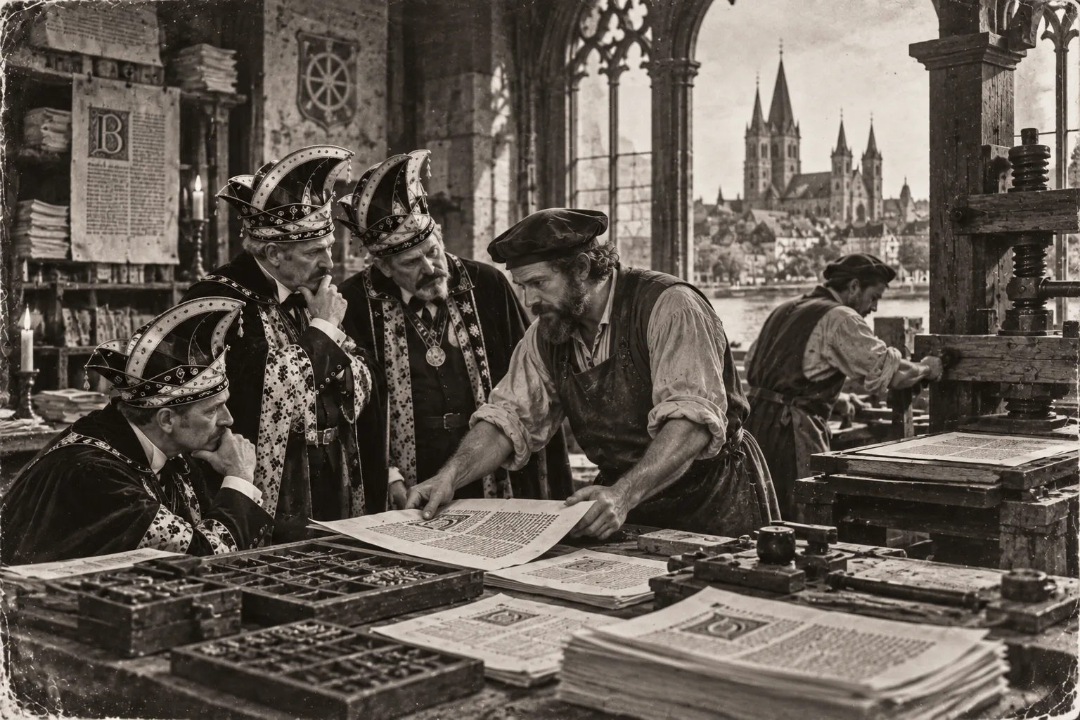KI-generierte Satire-Illustration: Drei Herren in Umhängen und schlaraffischen Helmen beugen sich mit einem Drucker über einen frischen Druckbogen; daneben Setzkästen, eine hölzerne Druckpresse und Papierstapel, im Fenster Kirchtürme am Fluss