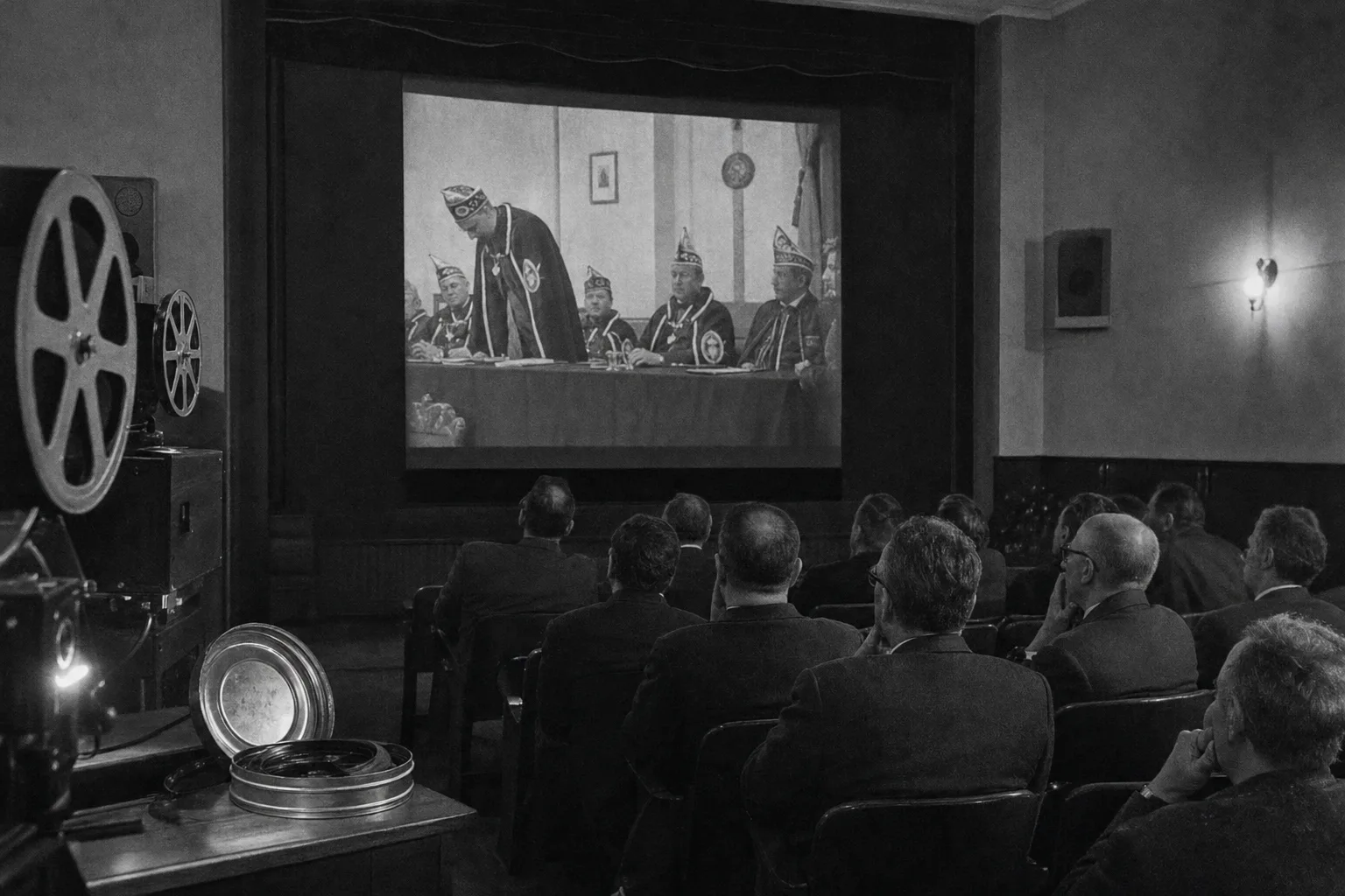 KI-generierte Satire-Illustration: Ratlose Zuschauer in einem kleinen Kino sehen einen Schwarz-Weiß-Film mit Männern in zeremoniellen Kappen; neben dem Projektor liegt eine offene Filmdose.