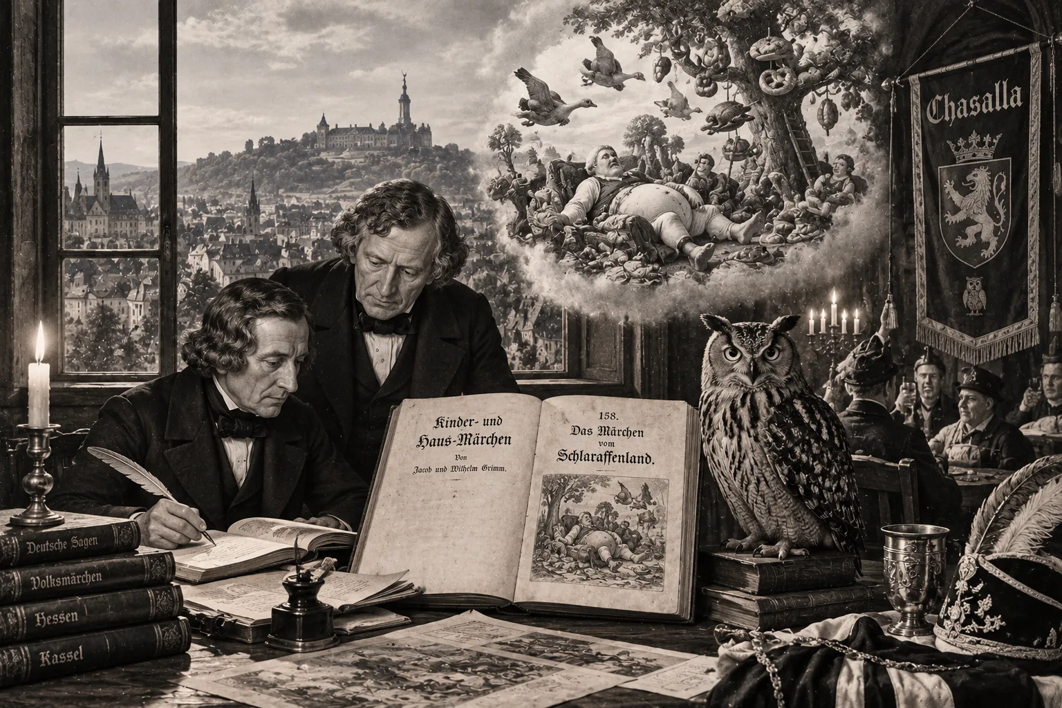 KI-Bild im Stil eines alten Stichs: Zwei Männer in Kleidung des 19. Jahrhunderts über einem aufgeschlagenen Märchenbuch, daneben ein Uhu, ein Banner mit der Aufschrift Chasalla, im Fenster eine Stadtansicht mit Schloss auf dem Berg, darüber eine Traumszene vom Schlaraffenland