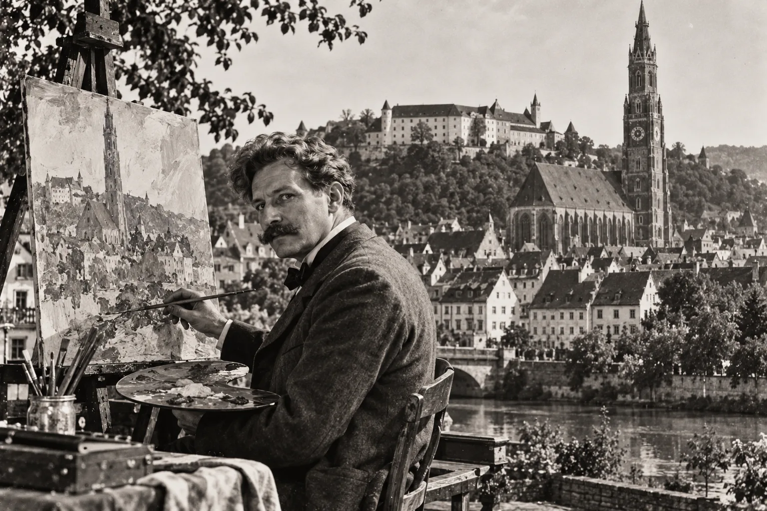 KI-Bild im Stil einer alten Fotografie: Ein Maler mit Schnurrbart an der Staffelei am Flussufer, im Hintergrund eine Altstadt mit hohem gotischem Kirchturm und einer Burg auf dem Hügel