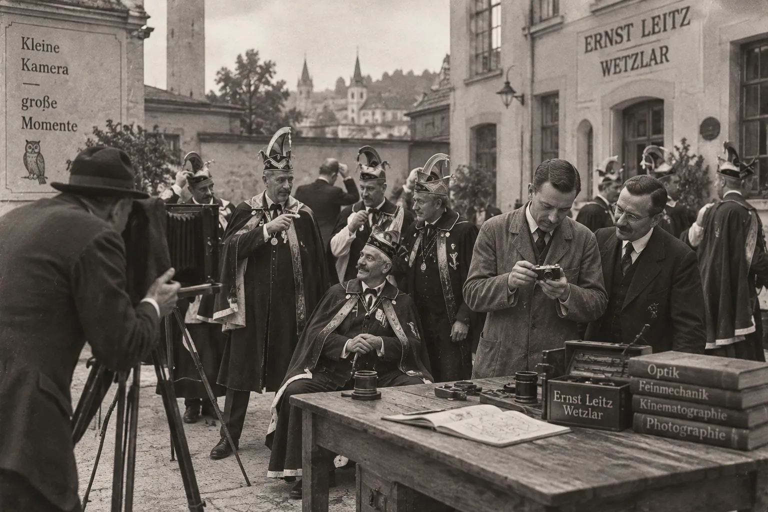 KI-generierte Satire-Illustration: Männer in Umhängen und schlaraffischen Helmen vor einer Plattenkamera, einer sitzt, einer geht aus dem Bild; daneben prüft ein Mann eine kleine Kamera. Schilder „Ernst Leitz Wetzlar“ und „Kleine Kamera – große Momente“