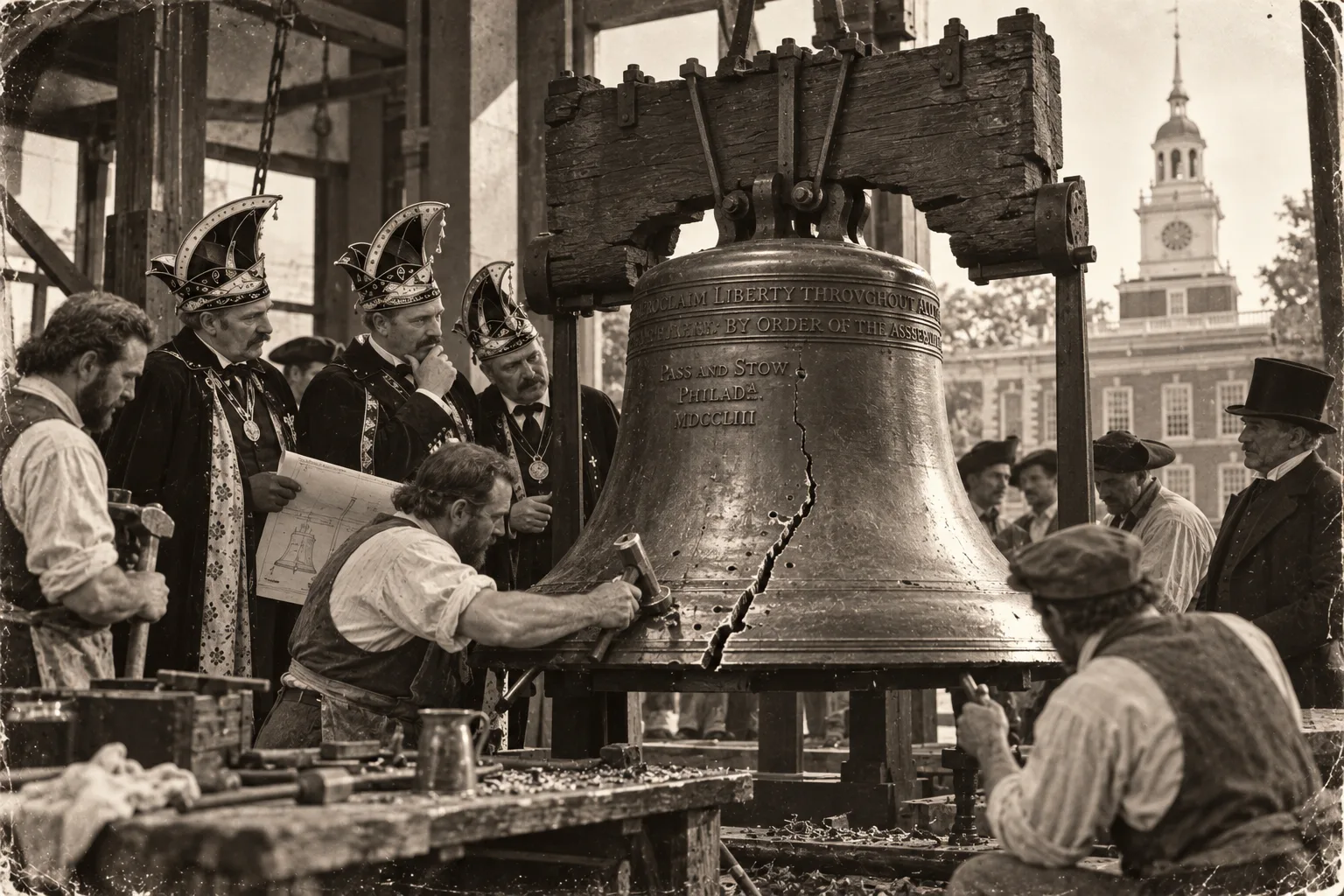 KI-generierte Satire-Illustration: Drei Herren in Umhängen und schlaraffischen Helmen mit Bauplan neben Handwerkern, die an einer großen gerissenen Glocke mit der Inschrift „Proclaim Liberty“ und „Pass and Stow Philada MDCCLIII“ arbeiten; dahinter Independence Hall
