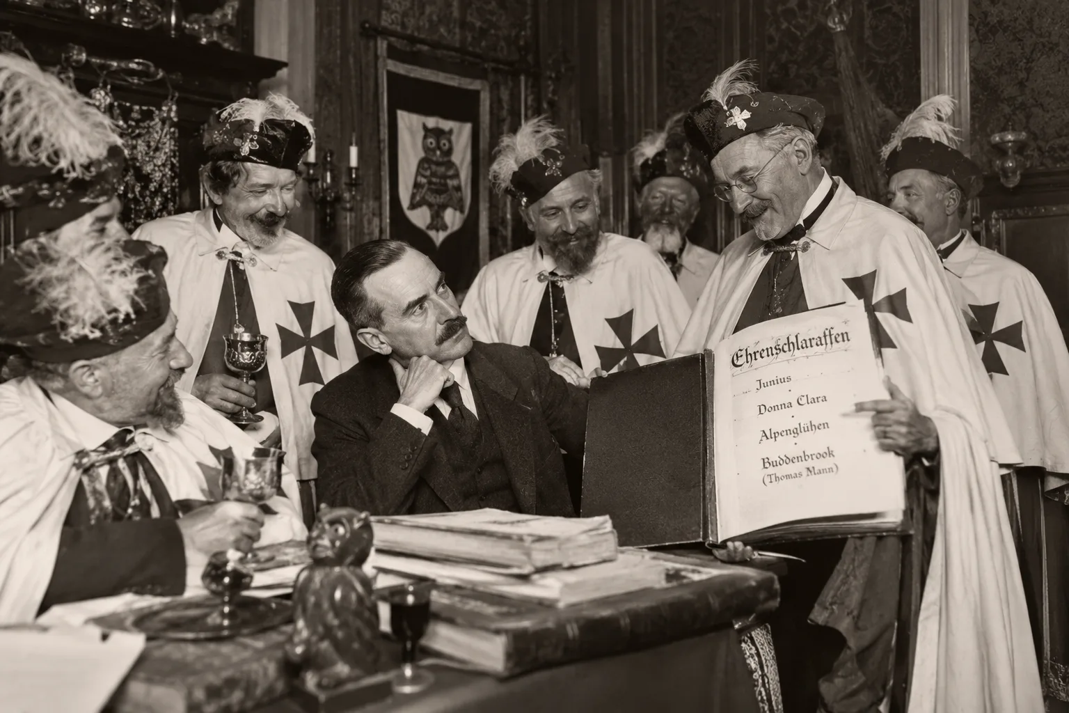 KI-Bild im Stil eines alten Fotos: Schlaraffen mit Federbaretten zeigen einem Herrn mit Schnurrbart ein Buch „Ehrenschlaraffen“ mit Junius, Donna Clara, Alpenglühen und Buddenbrook