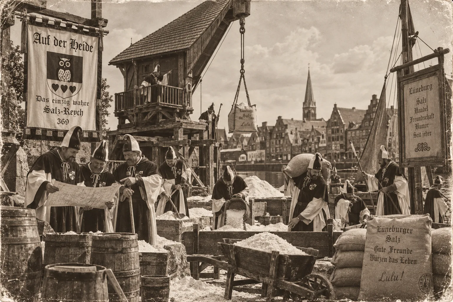 KI-generierte Satire-Illustration: Männer in Umhängen und Zipfelkappen arbeiten an Salzhaufen, Fässern und einem Holzkran am Lüneburger Hafen, links ein Banner „Auf der Heide – Das einzig wahre Salz-Reych 369“