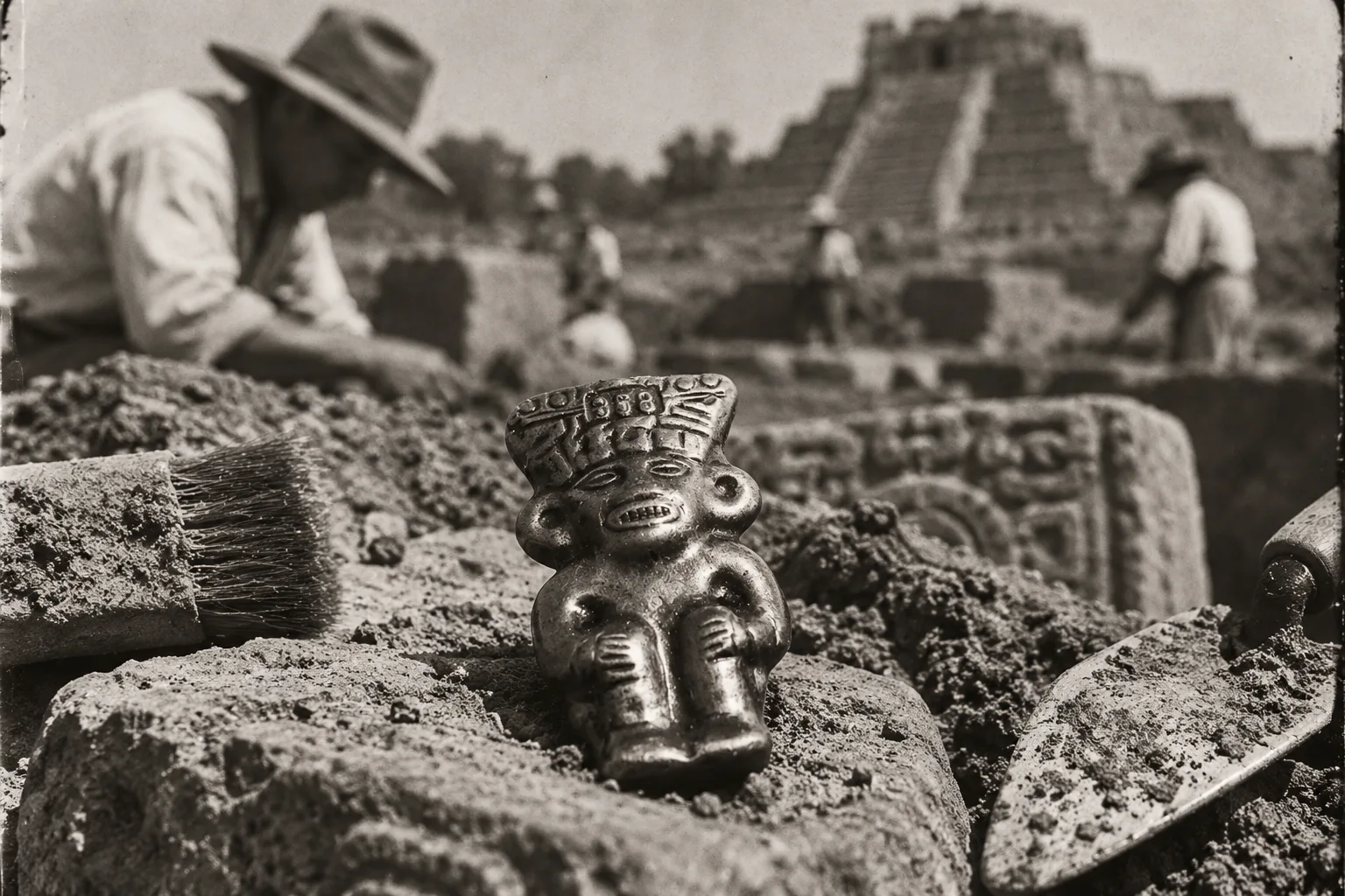 KI-Bild im Stil eines alten Fotos: kleine lachende Metallfigur auf einem Stein, daneben Pinsel und Kelle, dahinter Ausgräber vor einer Stufenpyramide