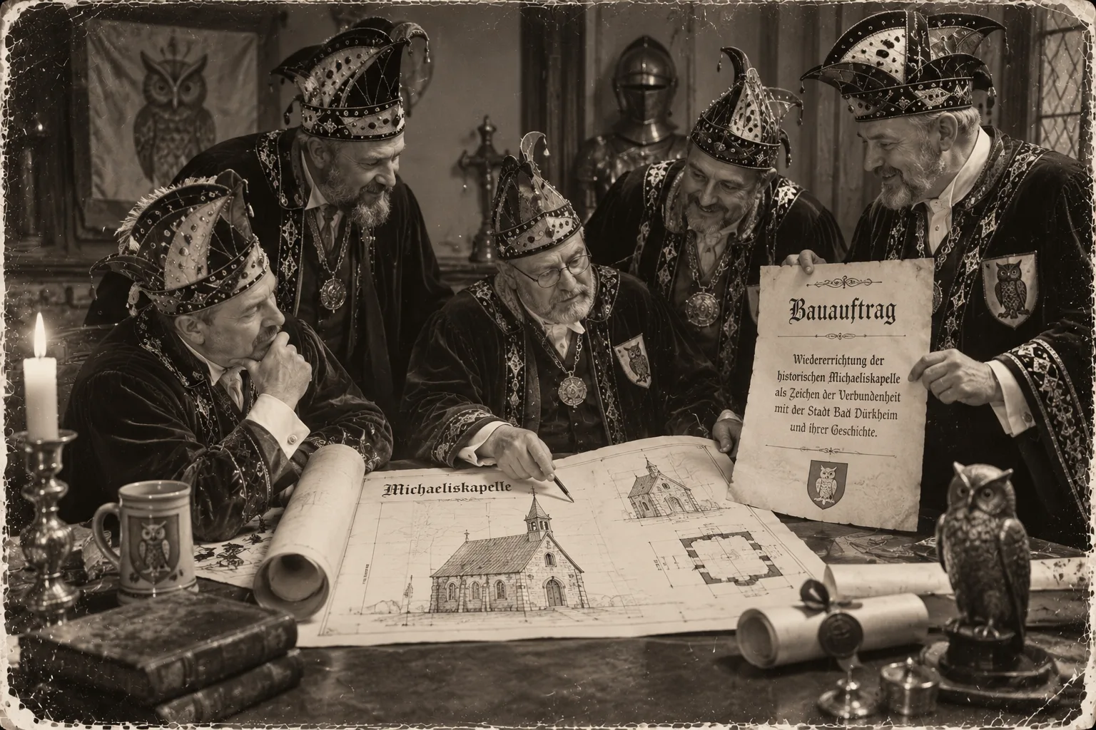 KI-generierte Satire-Illustration: Fünf Herren in Umhängen und schlaraffischen Helmen beugen sich über einen Bauplan der Michaeliskapelle; einer hält ein Blatt „Bauauftrag“, auf dem Tisch Kerze, Bierkrug und eine Uhu-Figur
