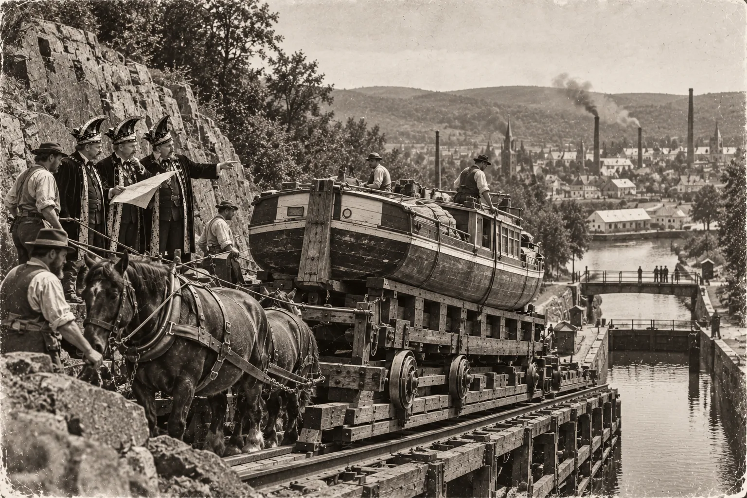 KI-generierte Satire-Illustration: Pferde ziehen ein Kanalboot auf einem hölzernen Schienenwagen einen Hang hinauf; am Felsen zeigen Herren in Umhängen und schlaraffischen Helmen mit einem Plan den Weg, unten liegen Schleuse, Kanal und eine Industriestadt mit Schloten