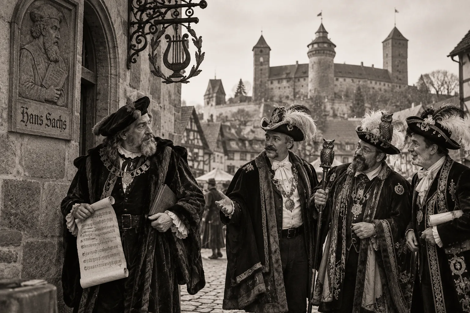 KI-Bild im Stil eines alten Fotos: ein Meistersinger mit Notenrolle vor einer Hans-Sachs-Tafel, daneben drei Schlaraffen mit Federhelm und Uhu-Zepter, im Hintergrund die Nürnberger Kaiserburg