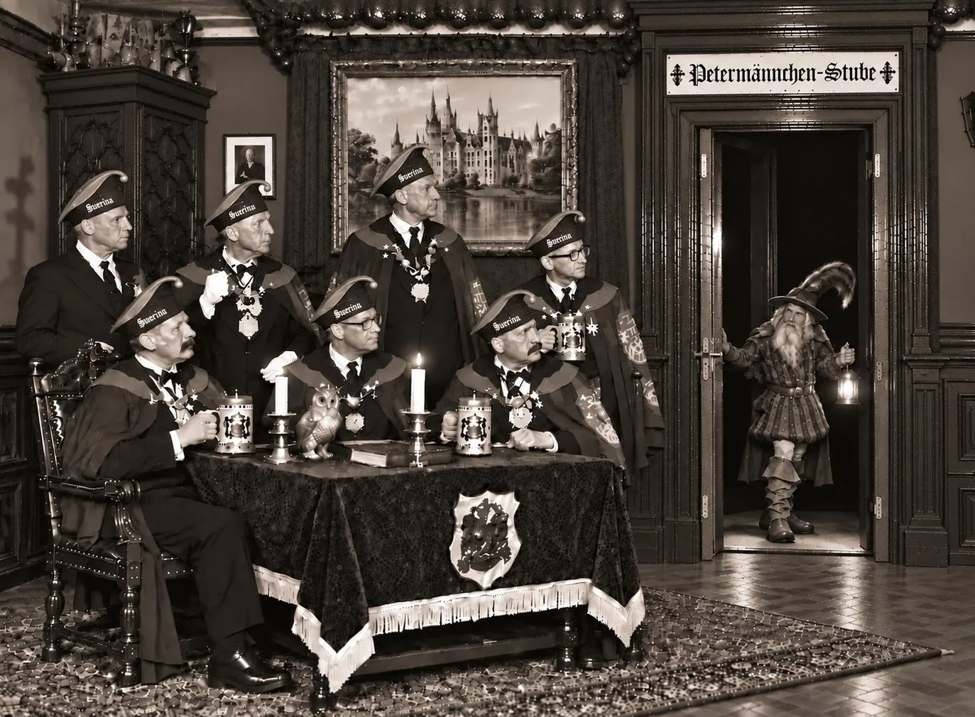 KI-generierte Satire-Illustration: Sieben Herren in Umhängen und schlaraffischen Kappen mit der Aufschrift „Suerina“ an einem Tisch mit Bierkrügen, Kerzen und Uhu-Figur; in der Tür unter dem Schild „Petermännchen-Stube“ ein bärtiger Alter mit Federhut und Laterne; an der Wand ein Gemälde des Schweriner Schlosses