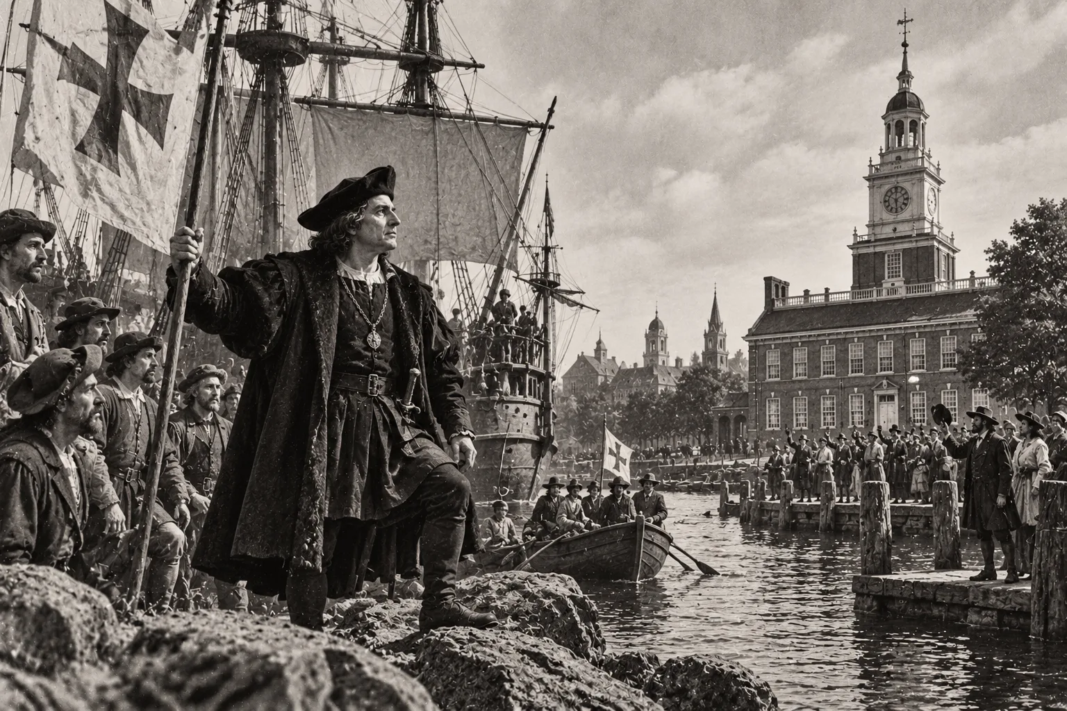 KI-Bild im Stil eines alten Stichs: Ein Seefahrer in Kleidung des 15. Jahrhunderts mit Fahne steht auf Uferfelsen vor Segelschiffen, im Hintergrund ein Backsteinbau mit Uhrturm im Stil der Independence Hall und jubelnde Menschen am Kai