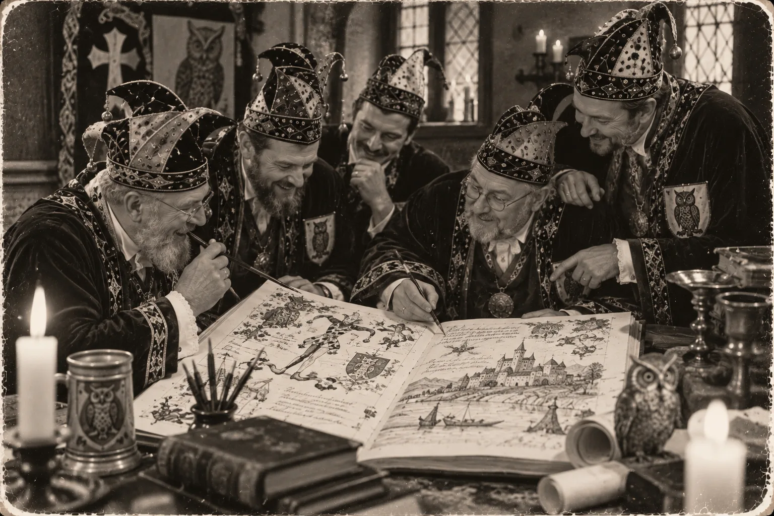 KI-generierte Satire-Illustration: Fünf Herren in Umhängen und schlaraffischen Helmen lachen über einem aufgeschlagenen Schmierbuch mit Zeichnungen eines Narren, eines Wappens und einer Burg am Fluss; auf dem Tisch Kerzen, Federn, Krug und Uhu-Figur