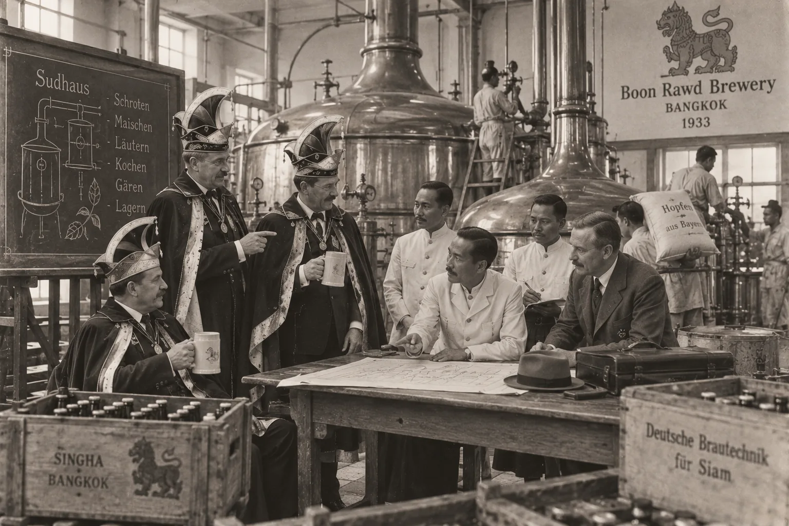 KI-generierte Satire-Illustration: Männer in Umhängen und schlaraffischen Helmen mit Bierkrügen beraten mit thailändischen Mitarbeitern in einem Sudhaus mit Kupferkesseln; Schilder „Boon Rawd Brewery Bangkok 1933“ und Kisten „Singha“
