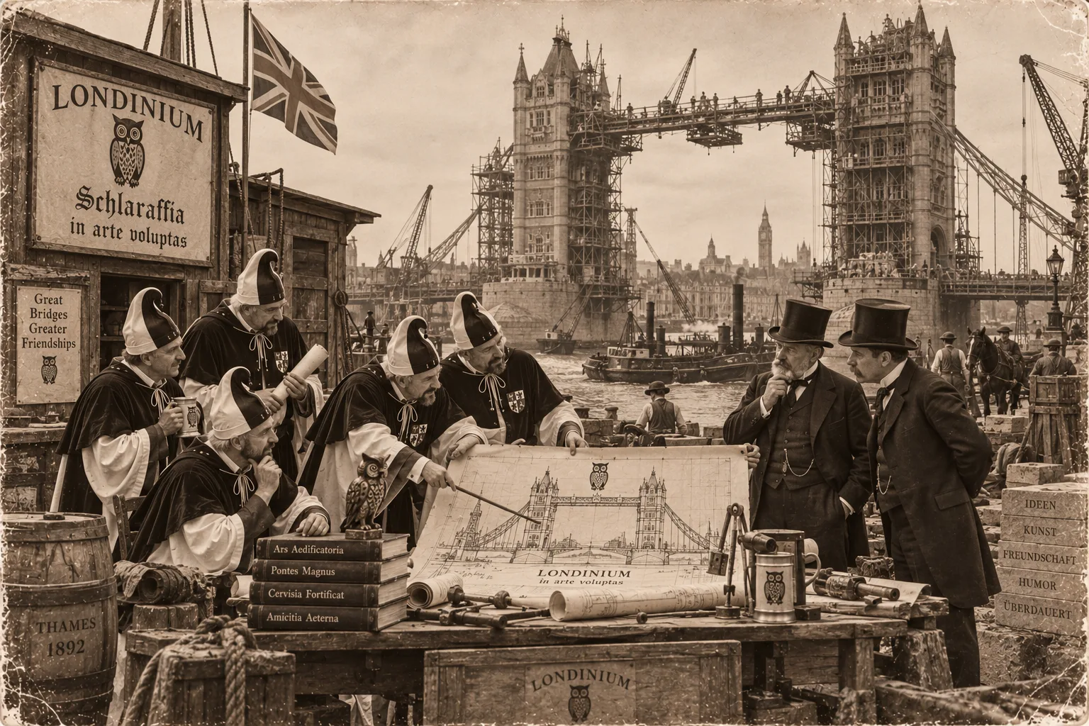 KI-generierte Satire-Illustration: Männer in Umhängen und Zipfelkappen erklären zwei Herren mit Zylinder einen Bauplan der Tower Bridge; im Hintergrund die eingerüsteten Brückentürme an der Themse, Schilder „Londinium – Schlaraffia – in arte voluptas“ und „Great Bridges Greater Friendships“