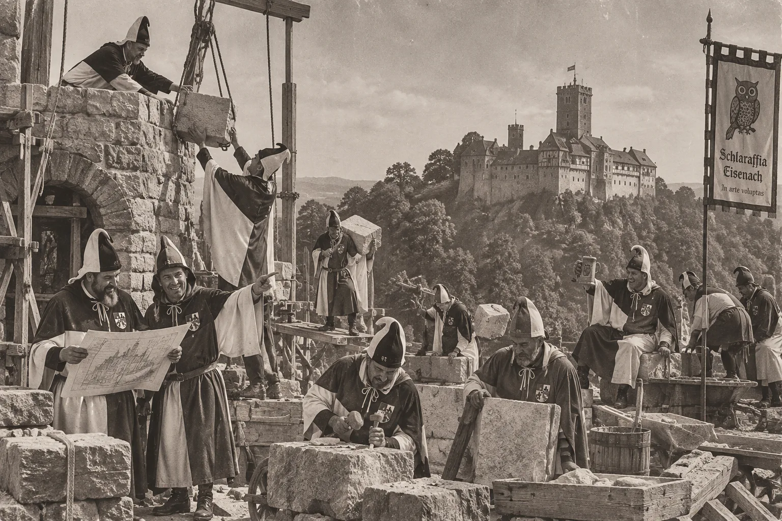 KI-generierte Satire-Illustration: Männer in Umhängen und Zipfelkappen auf einer mittelalterlichen Baustelle mit Steinblöcken, Flaschenzug und Bauplan; im Hintergrund die Wartburg auf bewaldetem Berg, rechts ein Banner „Schlaraffia Eisenach – In arte voluptas“ mit Uhu