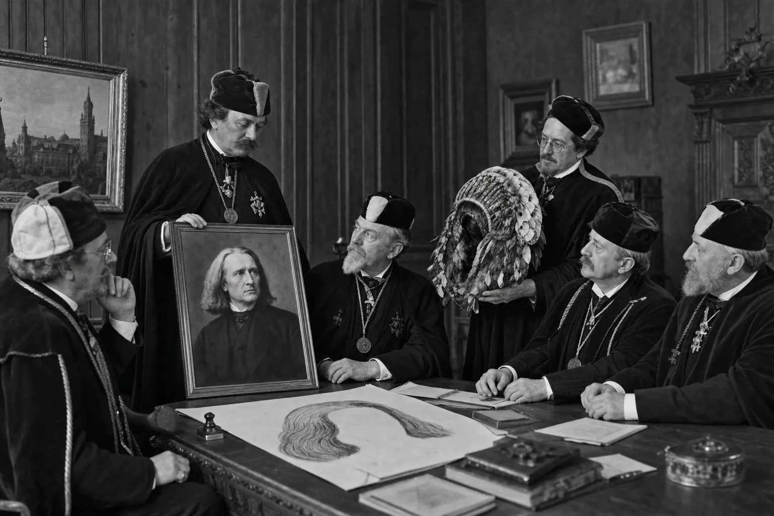 KI-generierte Satire-Illustration: In einem holzgetäfelten Sitzungsraum vergleichen Männer ein Liszt-Porträt mit einem Federschmuck; auf dem Tisch liegt eine Haarsilhouette ohne Gesicht.