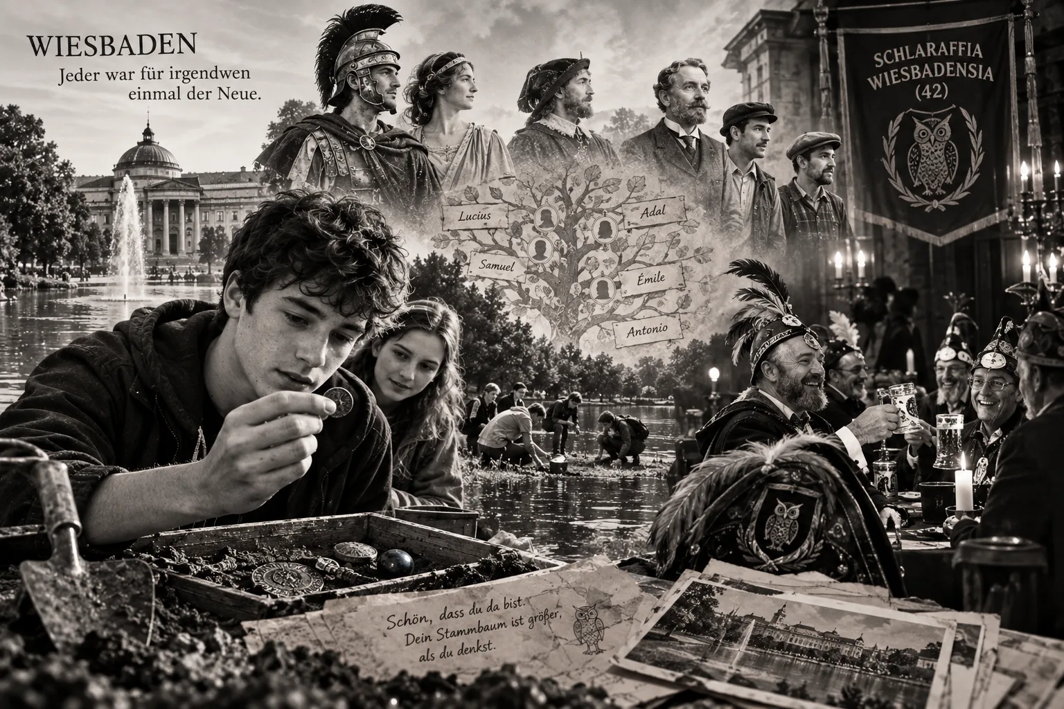 KI-generierte Satire-Illustration: Collage: ein junger Mann betrachtet eine Münze aus einem Fundkasten, dahinter ein Stammbaum mit Namen, Figuren von der Römerzeit bis heute, das Kurhaus Wiesbaden und Schlaraffen unter einem Banner der Wiesbadensia
