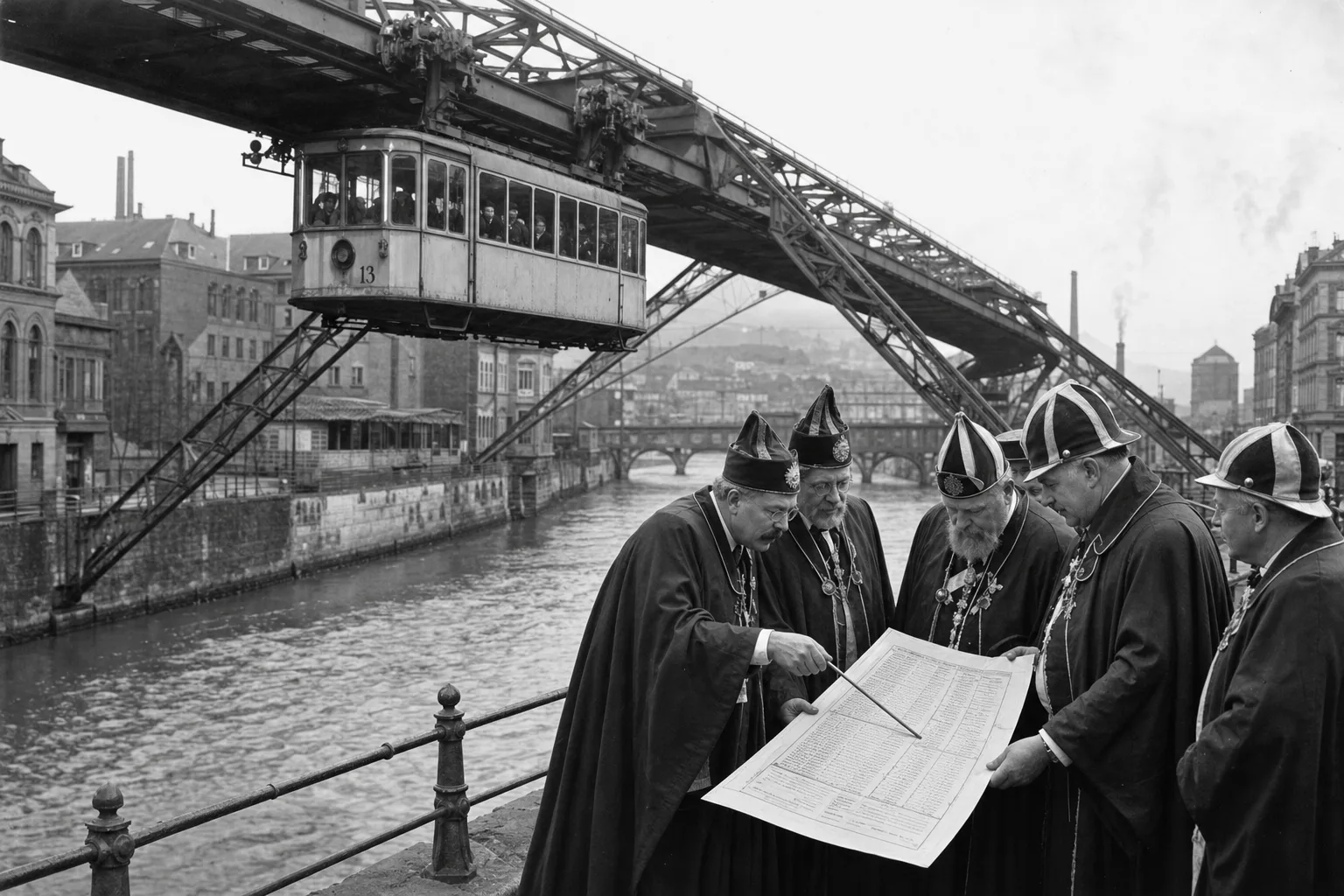 KI-generierte Satire-Illustration: Illustration eines frühen Schwebebahnwagens über der Wupper mit Herren in fantasievollen Ritterkappen, die im Wagen einen Behördenbrief lesen.