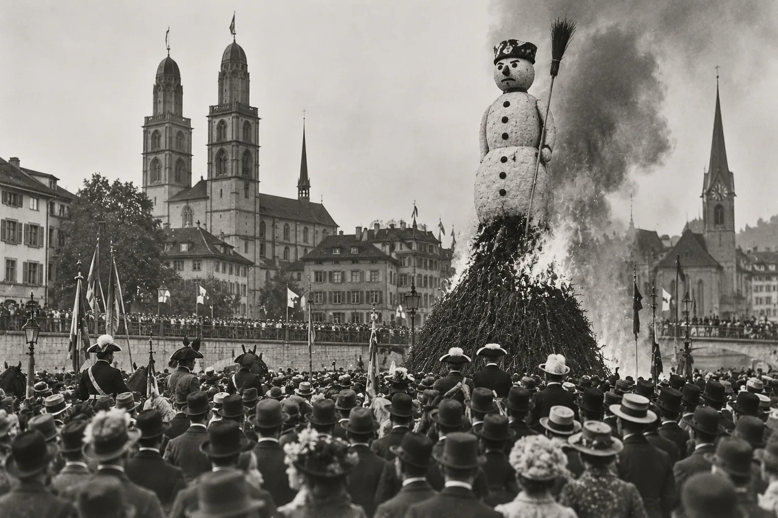 KI-Bild im Stil einer alten Fotografie: Ein großer Schneemann mit Besen steht auf einem brennenden Holzstoß an der Limmat, davor eine Menschenmenge mit Hüten und Zünfter zu Pferd, im Hintergrund Grossmünster und Fraumünster